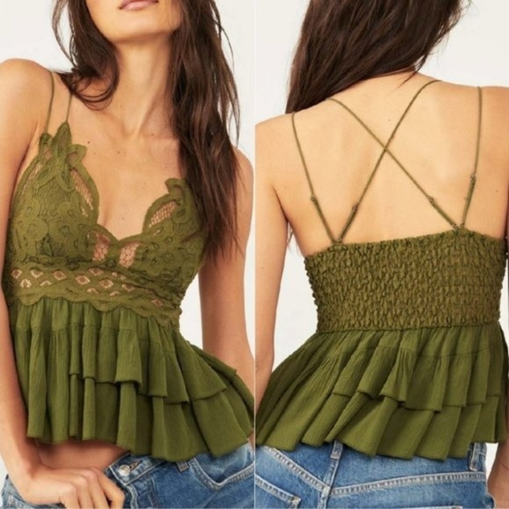 NWT Free People Adella Cami Intimately Lace Ruffles V-neck Olive Sparrow XS